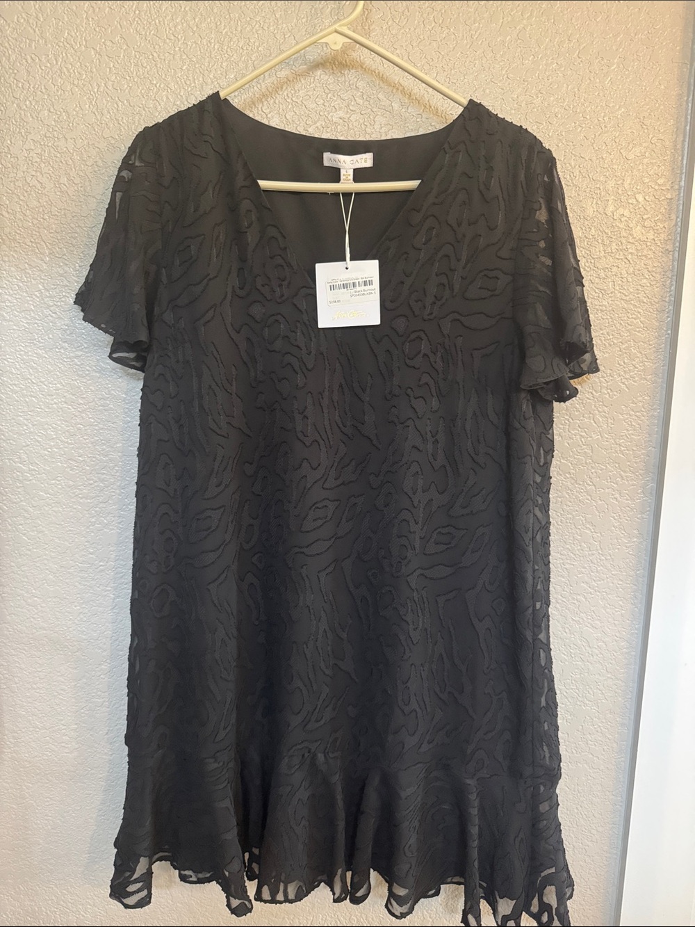 Black Textured Mini Dress with Short Flutter Sleeves